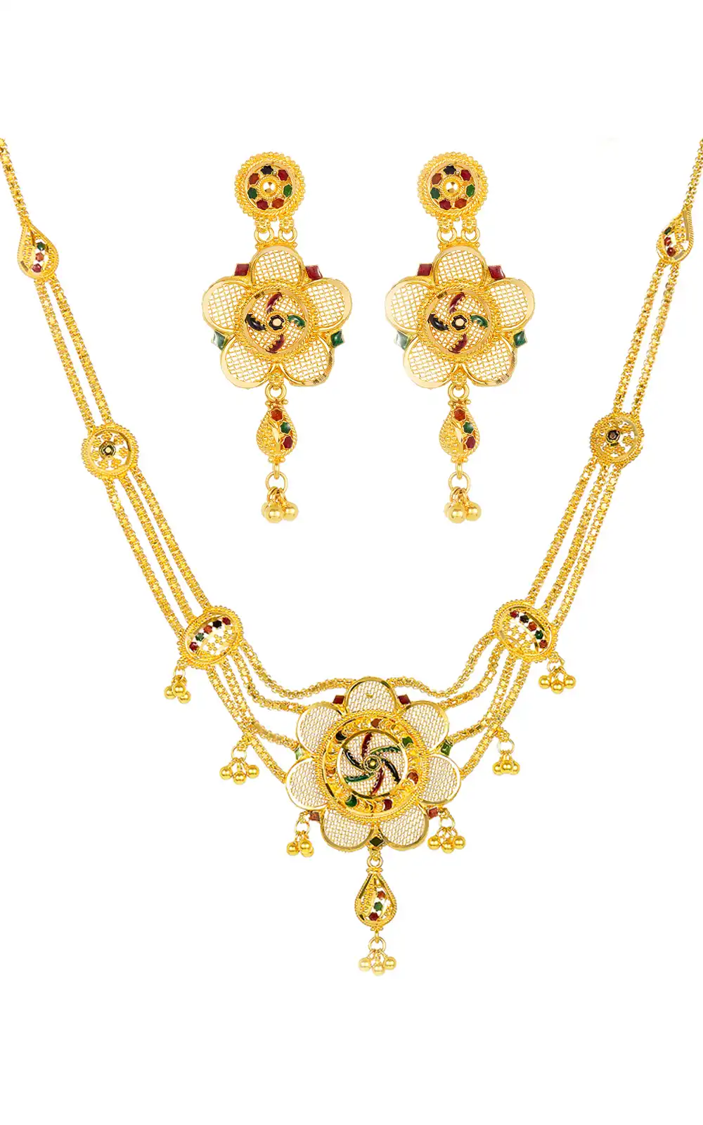 22k Yellow Gold Minakari Floral Beaded Necklace and earrings Set